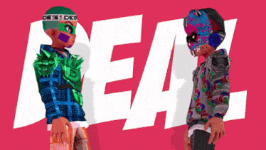 two cartoon characters standing next to each other with the word real in the background