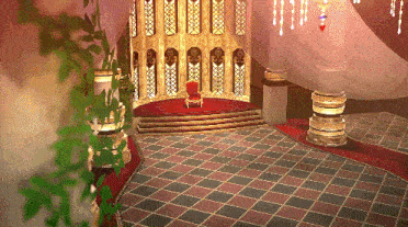 a throne in a room with a red carpet and a chandelier