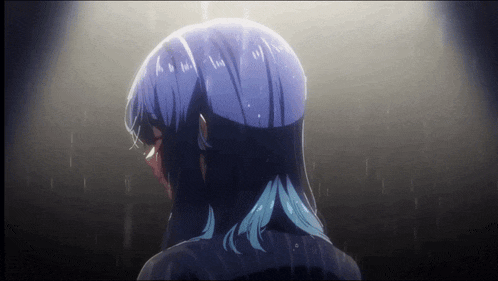 a girl with blue hair is standing in the rain looking down