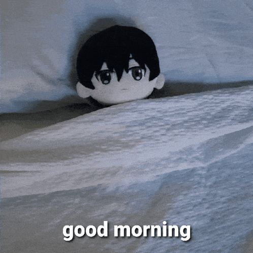 a picture of a doll peeking out from under a blanket with the words " good morning " on the bottom