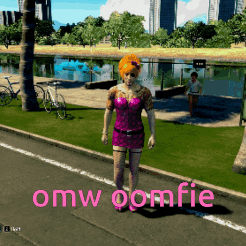 a woman in a pink dress is walking down a street with omw oomfie written on the sidewalk