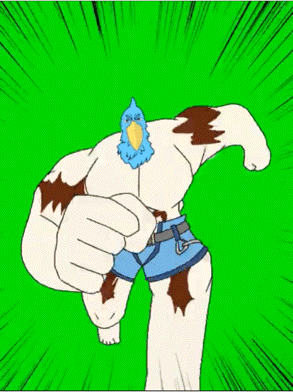 a cartoon of a man with a bird on his chest is punching a green screen .