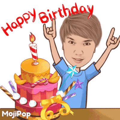 a cartoon of a boy with a birthday cake and the words happy birthday