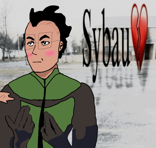 a cartoon drawing of a man with glasses and the word sybau behind him