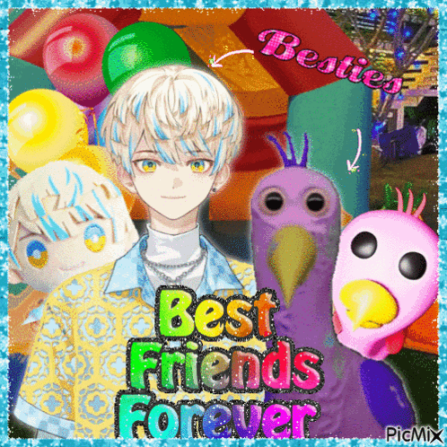 a picture of a boy surrounded by stuffed animals with the words best friends forever