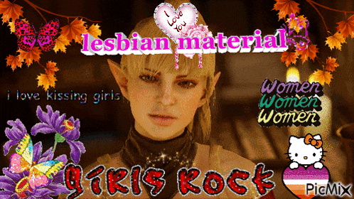 a picture of a woman with the words lesbian material girls rock on it