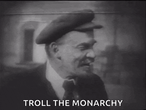 a black and white photo of a man with the words troll the monarchy written below him
