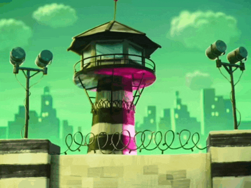 a cartoon drawing of a tower with a pink light inside