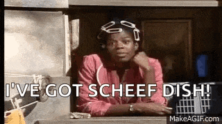a woman is leaning on a window sill with the words `` i 've got scheef dish '' written on it .