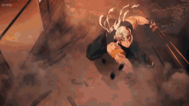 a man is laying on the ground with holes in the ground and the word anime is visible in the corner
