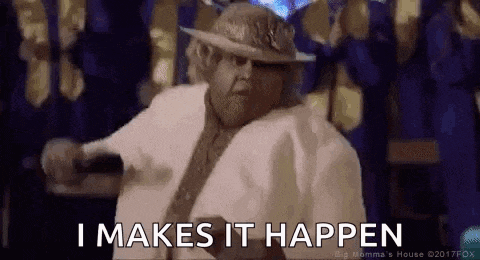 a woman in a white hat and tie is holding a microphone and saying `` i makes it happen '' .