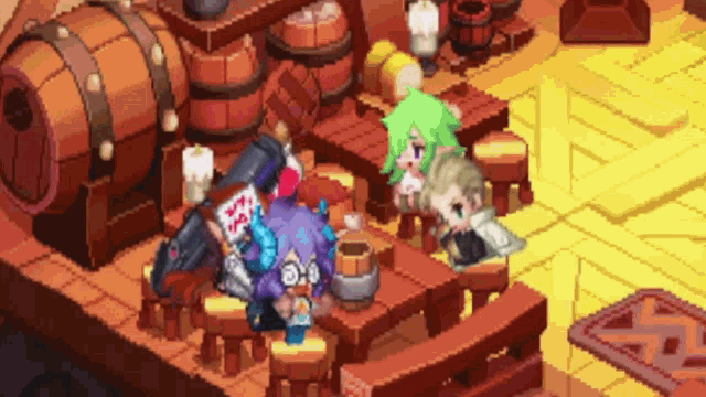 a pixel art drawing of people sitting at tables