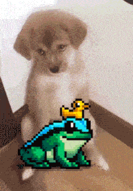 a pixel art of a dog and a frog with a crown on its head