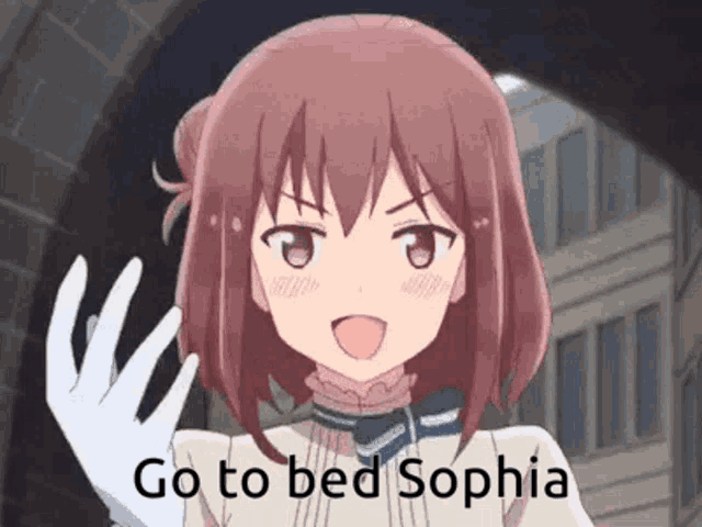 a girl with red hair is waving her hand and saying `` go to bed sophia '' .