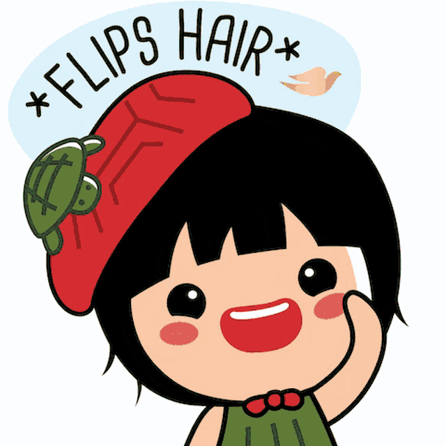 a cartoon girl wearing a red hat with a turtle on it and the words flips hair