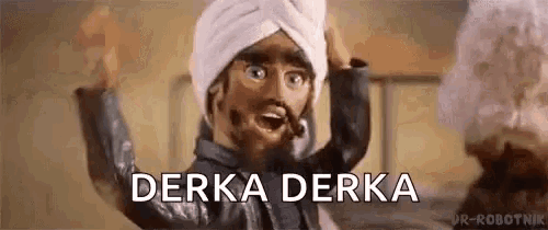 a cartoon character wearing a turban and a beard is holding his hands in the air .