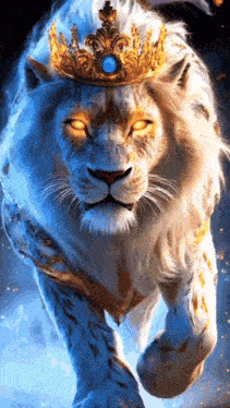 a white lion with a gold crown on its head is running in the dark .