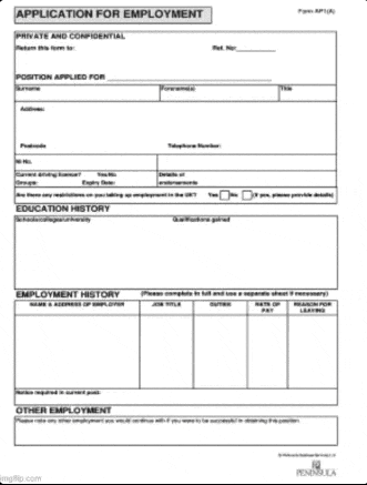 a white application for employment form with employment history written on it