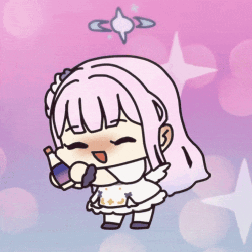 a cartoon girl with pink hair is holding a bottle in her hand