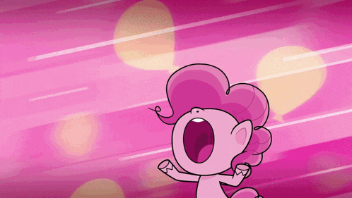 a pink cartoon pony with its mouth open and hearts in the background