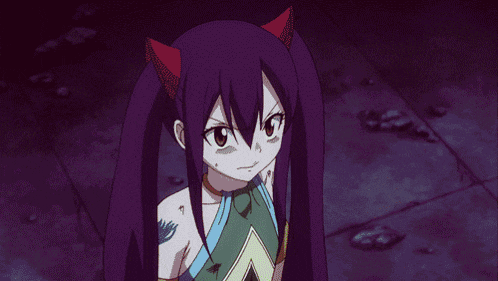 a girl with purple hair and red horns is standing in a dark room