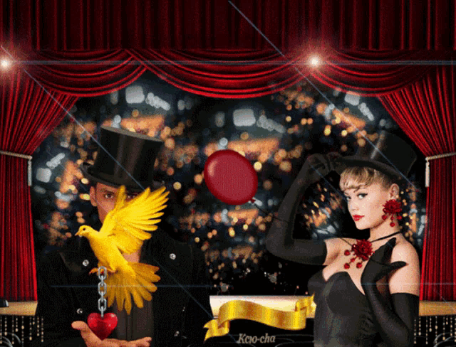 a man in a top hat is holding a yellow bird and a woman in a black dress is holding a red balloon
