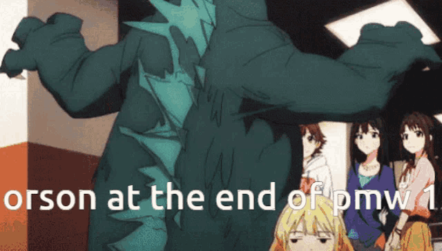 a group of people standing around a monster that says person at the end of pmw1