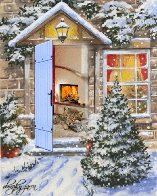 a painting of a cat laying on the porch of a house with the door open