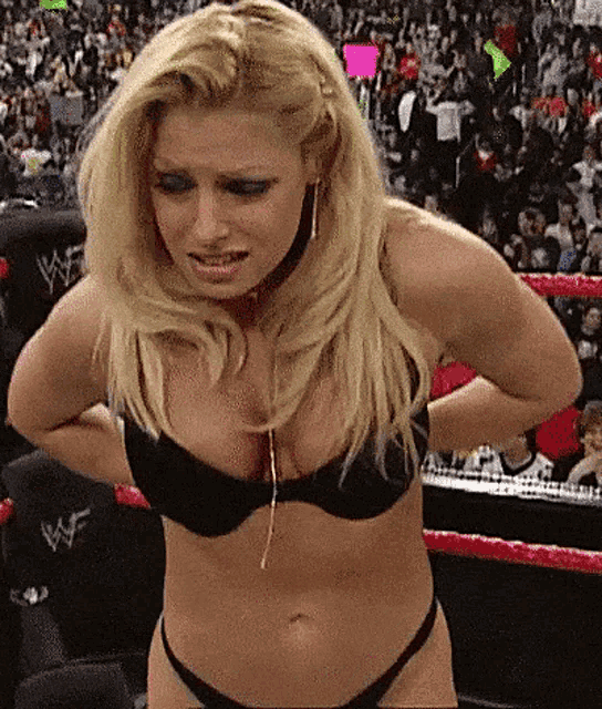 a blonde woman in a bikini is standing in a wrestling ring .