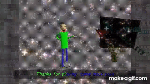 a man in a green shirt and blue pants is standing in front of a screen that says thanks for playing come back soon