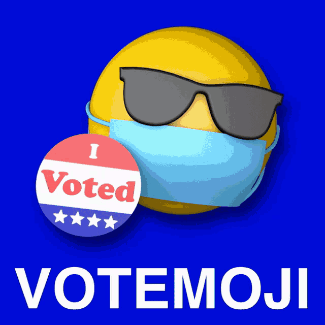 a yellow smiley face wearing sunglasses and a mask with a i voted button below it