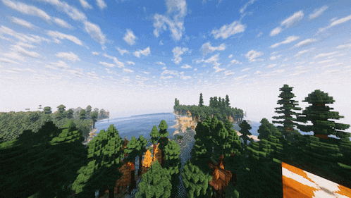 a minecraft landscape with trees and a body of water in the background