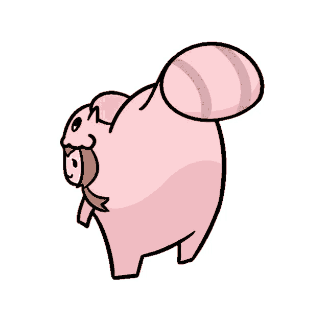 a cartoon drawing of a pink animal with a bow around its neck