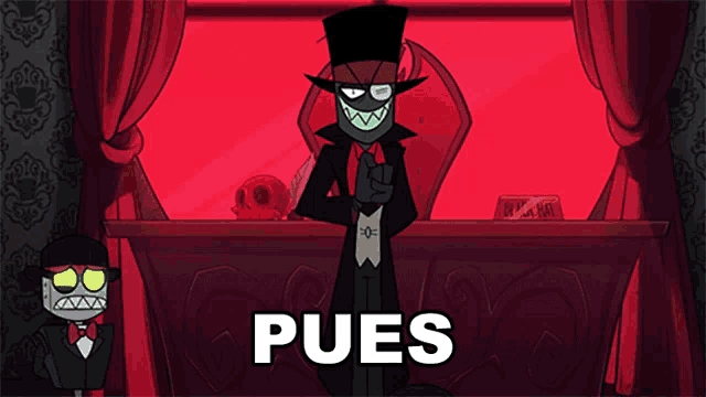a cartoon character is standing in front of a red curtain and the word pues is on the bottom right