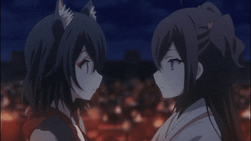 two anime girls are looking at each other and one has a fox ear