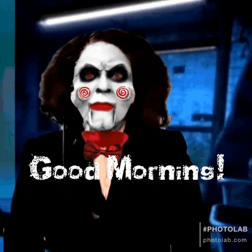 a picture of a puppet with the words good morning on it