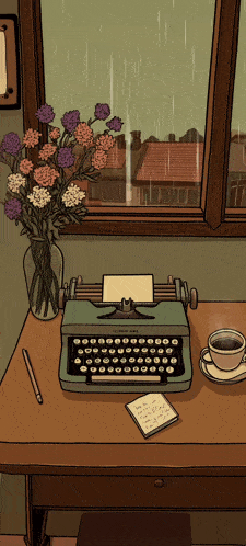 a drawing of a typewriter and a cup of coffee