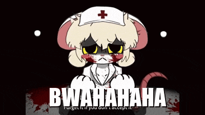 a cartoon of a nurse with blood on her face and the words bwahaha on the bottom