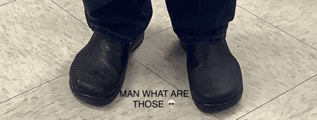 a person 's feet are on a tile floor and the words man what are those are above them