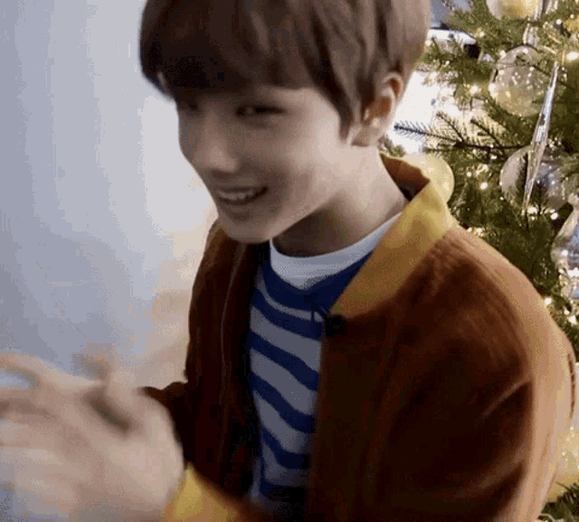a young boy is standing in front of a christmas tree and smiling .