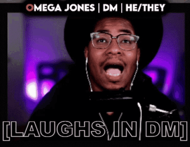 a man with glasses and headphones laughs in front of a purple background