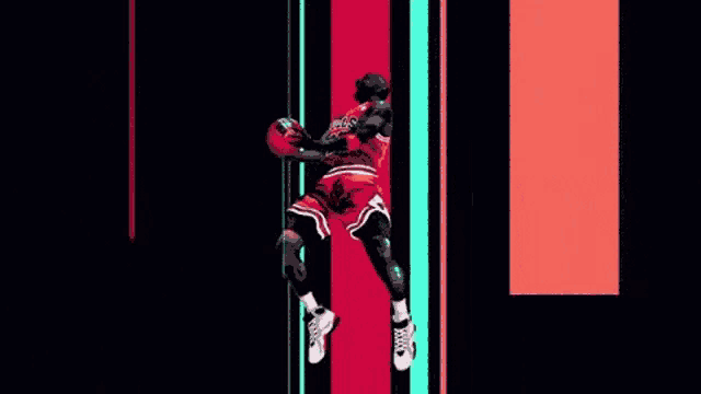 michael jordan is jumping in the air while holding a basketball in his hands .