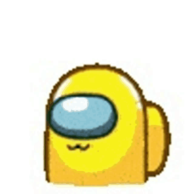 a pixel art drawing of a yellow among us character with a mustache and a blue eye .