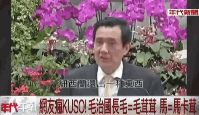 a man in a suit and tie is standing in front of a bunch of purple flowers
