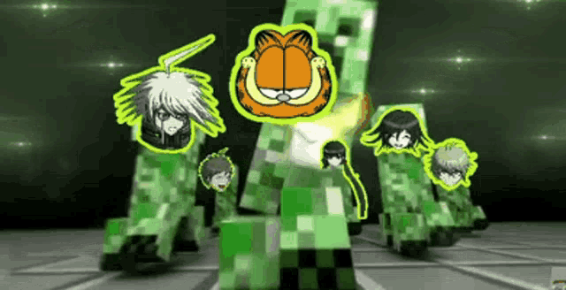a group of minecraft characters are standing next to each other in a room .