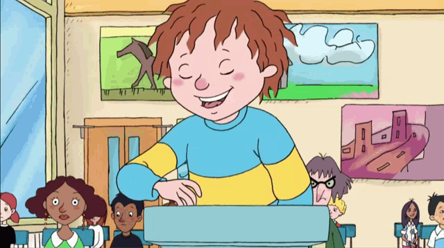 a cartoon of a boy giving a speech in front of a crowd