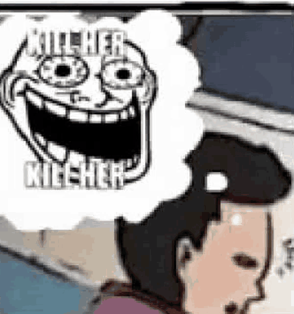 a man is thinking about killing a woman with a troll face coming out of his head .