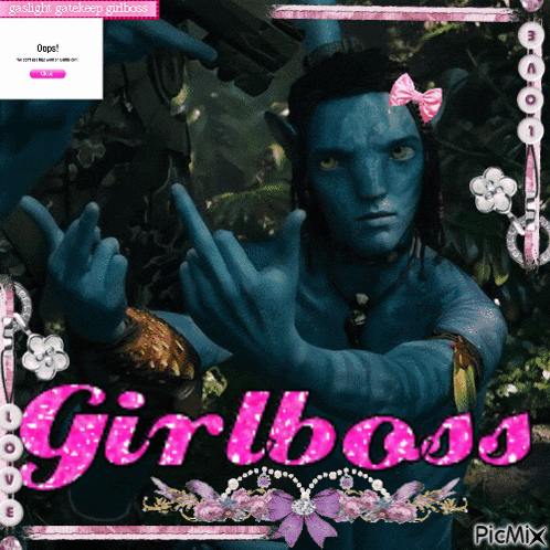 a picture of avatar giving the middle finger with the words girlboss in pink