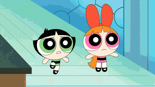 a cartoon of buttercup and blossom from the powerpuff girls standing next to each other