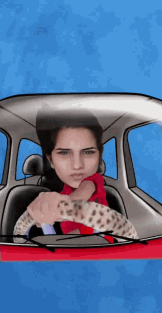 a cartoon of a woman driving a red car with a blue background